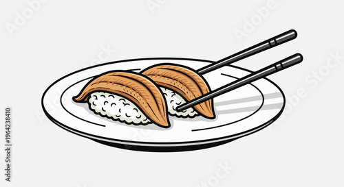 Two grilled eel nigiri sushi pieces with chopsticks on a plate