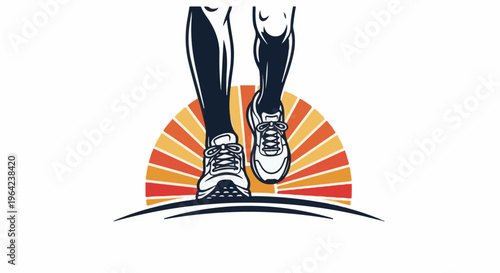 Runner's legs stride forward against a rising sun motif