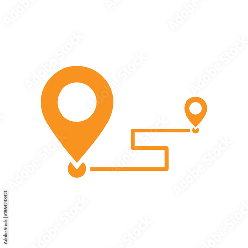 Orange map location pins illustrate a directional route path between two separate geographical points on a white background.