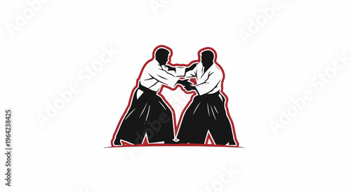 Two martial artists in traditional attire grapple on a white background