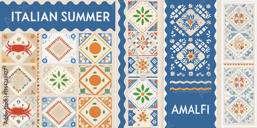 Colorful italian summer themed tiles with floral and marine motifs