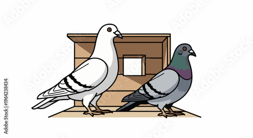 Two pigeons, one white and one gray, stand by a wooden pigeon coop