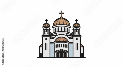 A stylized drawing of a large church with multiple domes and crosses