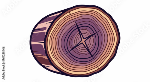 A stylized cross-section of a tree trunk with visible rings and bark