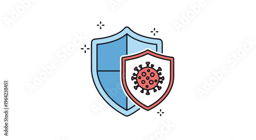 Virus protection icon featuring two overlapping shields in blue and red tones with a central virus symbol representing a double layer of defense.