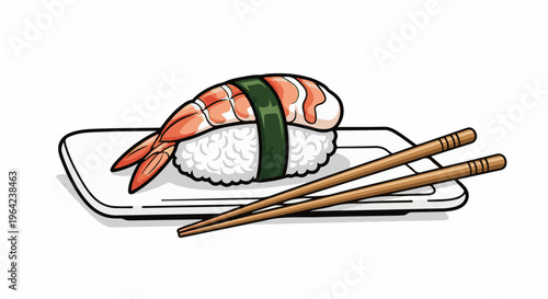 A single piece of shrimp nigiri sushi rests on a white plate with chopsticks