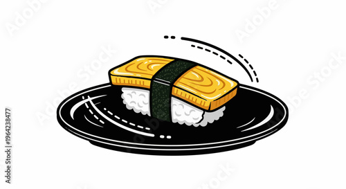 A single tamagoyaki sushi nigiri rests on a black plate with white accents