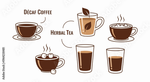 Various hot and cold beverages including coffee, tea, and hot chocolate