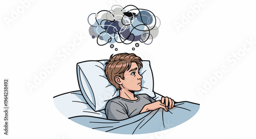 Young person troubled in bed with jumbled thoughts above