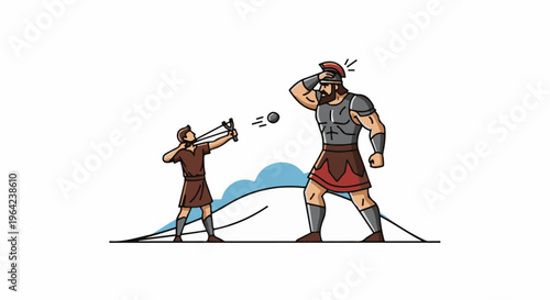 Small warrior slingshots a stone at a giant, facing him defensively