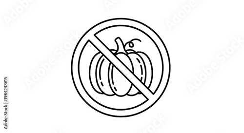 Pumpkin restriction sign featuring a red prohibited symbol over a detailed black and white line art drawing of a pumpkin on a white background.