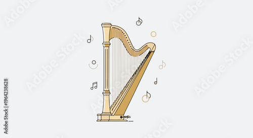 A golden harp with musical notes floats in a light background
