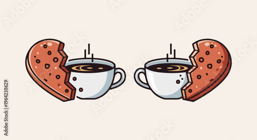 Two heart-shaped cookies broken around cups of coffee