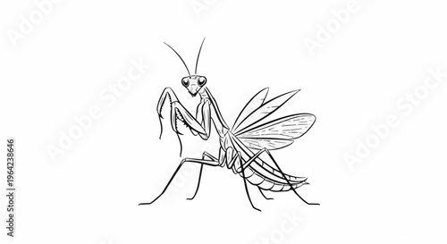 A detailed black and white line drawing of a praying mantis