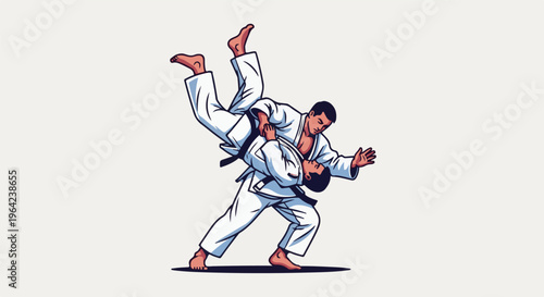 Two men in white gi uniforms grappling in a dynamic martial arts throw