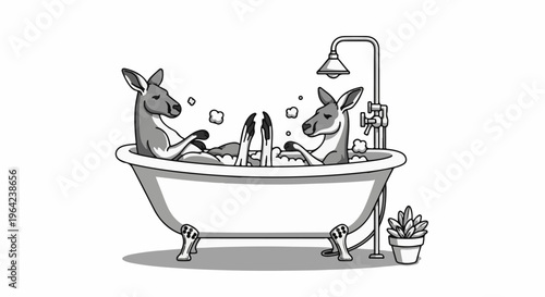 Two kangaroos enjoying a bubble bath together in a clawfoot tub