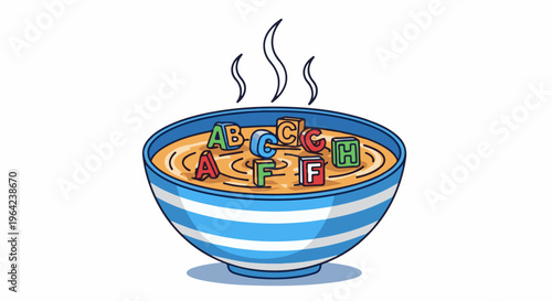 Steaming bowl of alphabet soup with floating letter blocks