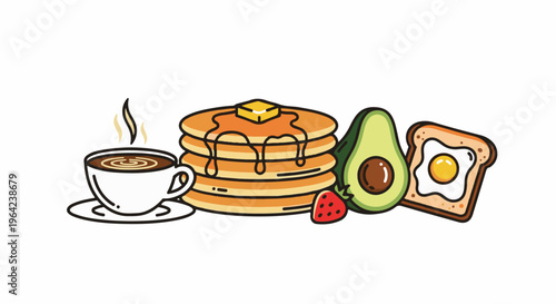 A delightful breakfast spread with coffee, pancakes, avocado, strawberry, and fried egg toast