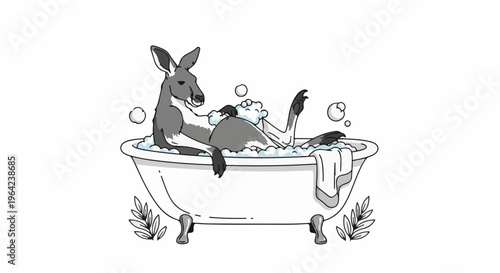 Whimsical kangaroo relaxes in a bubbly bathtub, surrounded by decor