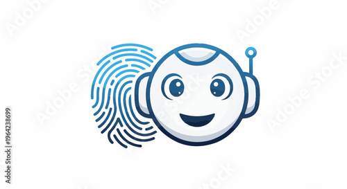 A cheerful robot character with a blue fingerprint on its left side