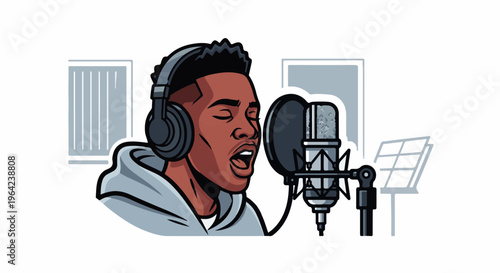 Young man wearing headphones singing into a professional microphone in a studio