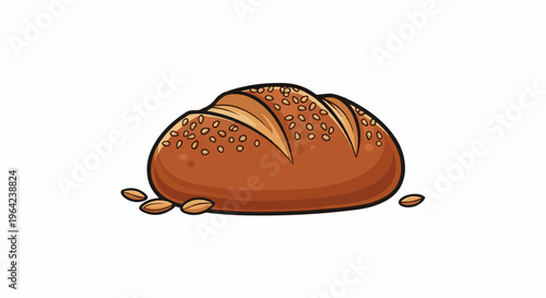 A cartoon illustration of a crusty loaf of bread with scattered seeds
