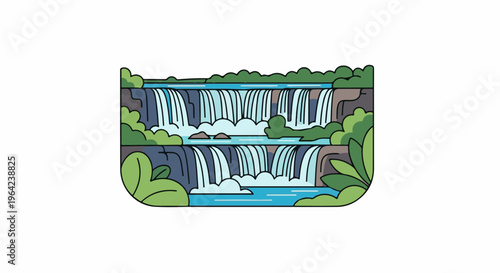 Stylized illustration of a multi-tiered waterfall cascading into pools