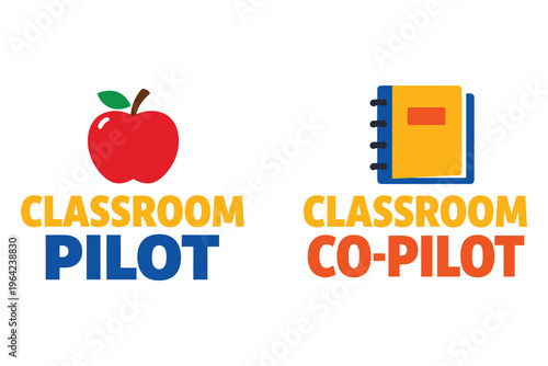 Classroom pilot text with apple and classroom co-pilot text with notebook icon.