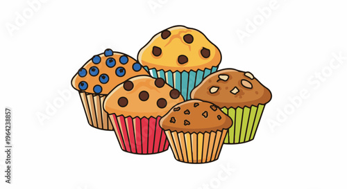 A cartoon assortment of five delicious muffins with assorted toppings