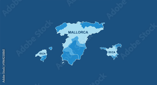 Stylized maps of Mallorca and Ibiza islands with color gradients