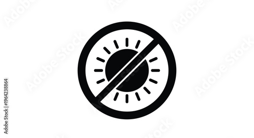 Sun exposure prohibited sign featuring a black sun icon with rays crossed out by a diagonal line within a thick black circular border on white.