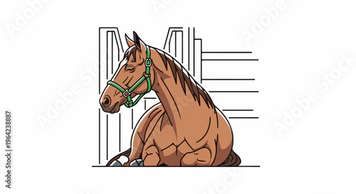 A brown horse with a green halter rests peacefully in a stall