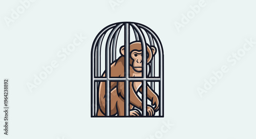 A brown monkey sits inside a barred cage with an arched top