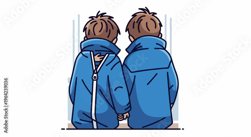 Two children in blue jackets holding hands, seen from behind