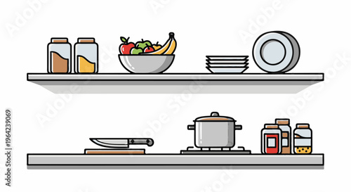 Two shelves filled with kitchen items, including fruit, pots, plates, and jars