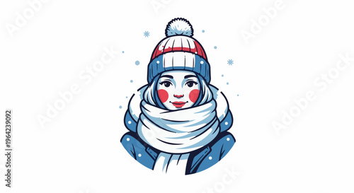 Winter woman with bobble hat and scarf, pink cheeks, snowflakes