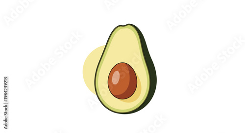 Avocado fruit half illustration showing the creamy green interior and a large brown pit on a white background with a yellow circle element.