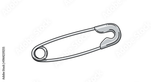 Silver safety pin illustration with black outlines and gray shading in a clean vector style on a plain white background for sewing concepts.