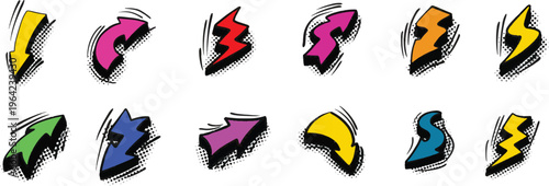 Comic Style Arrow Icon Set. Colorful Pop Art, Direction Symbols, Dynamic Motion, Retro Halftone Cartoon Arrows PNG Transparent Design Elements
