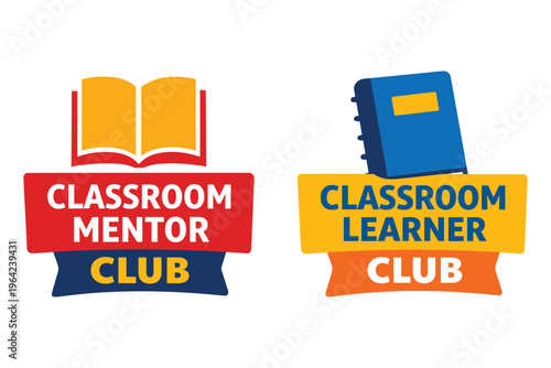 Educational badges collection featuring open book and notebook for academic mentor program.