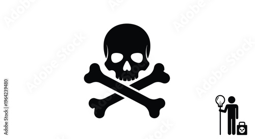 Skull and crossbones danger symbol with a mysterious traveling figure icon for warning caution or hazard concepts.
