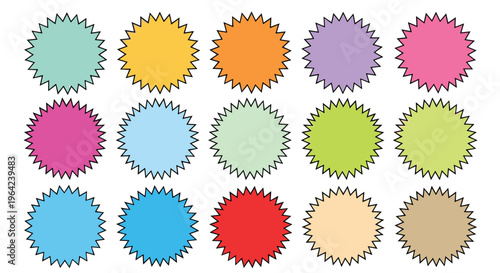 Set of fifteen colorful jagged starburst sticker shapes for promotional use special offers and retail discount labels.