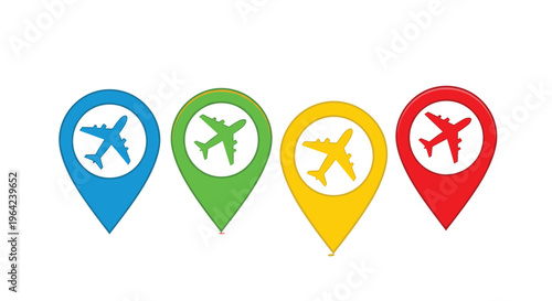 Set of four colorful map location pins with airplane icons representing different travel destinations and flight routes.
