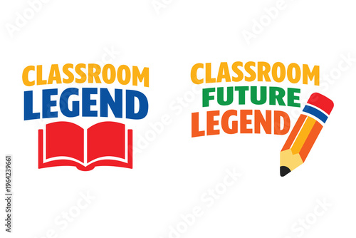 Classroom legend text with open book illustration and future legend text with pencil.