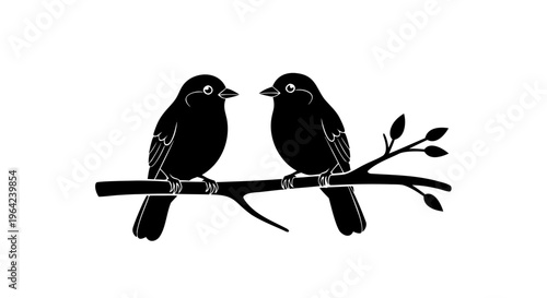 Cute bullfinch couple and black crow silhouettes with detailed wings and beaks perched on a winter tree branch illustration vector for nature and wildlife art design