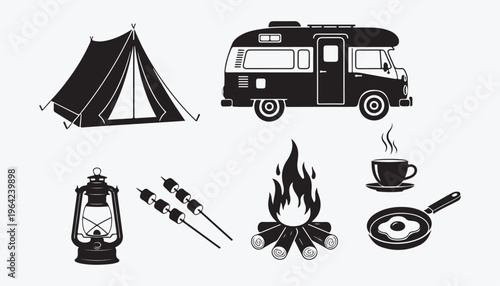 Outdoor Camping and Adventure Travel Silhouette Icon Set