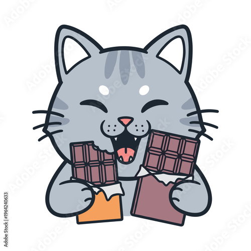 Cute cartoon cat happily eating chocolate bars, vector illustration