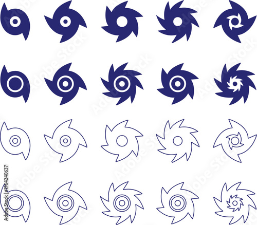 Hurricane cyclone icon set collection group in flat line style featuring storm, typhoon, tornado, whirlwind, vortex and weather synonym elements for disaster alert, climate design and warning graphics