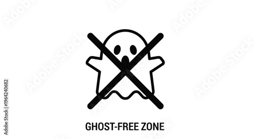 Simple black line drawing of a ghost silhouette with an x over it and the words ghost free zone written below the icon.