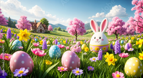 Ostern im Frühling: Osterhase und bunte Ostereier auf Blumenwiese vor Landhaus